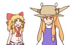 Rule 34 | 2girls, blonde hair, bow, brown headwear, closed mouth, cosplay, costume switch, empty eyes, hair bow, hat, horn ornament, horn ribbon, horns, ibuki suika, ibuki suika (cosplay), long hair, long sleeves, looking at another, looking at viewer, low-tied long hair, mizusoba, moriya suwako, moriya suwako (cosplay), multiple girls, open mouth, orange hair, purple ribbon, purple vest, red bow, red eyes, red neckwear, ribbon, short hair, sidelocks, simple background, smile, torn clothes, torn hat, torn sleeves, touhou, turtleneck, upper body, vest, white background, wide sleeves