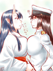 Rule 34 | 10s, 2girls, breast press, breasts, buntaichou, crossover, female admiral (kancolle), hat, horns, japanese clothes, kantai collection, large breasts, long hair, miko, military, military uniform, multiple girls, naval uniform, oni, oni horns, original, smoking pipe, pointy ears, signature, symmetrical docking, translation request, uniform