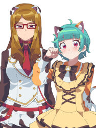 Rule 34 | 2girls, ahoge, akai meganee, animal ears, arms at sides, black shirt, blue hair, blunt bangs, blush, bow, breasts, brown bow, brown hair, calico print, cat ears, cat tail, closed mouth, collar, collared shirt, commentary request, dalmatian print, dog ears, dress, expressionless, glasses, hand up, highres, jacket, long hair, long sleeves, looking at viewer, medium breasts, multiple girls, necktie, omega auru, paw pose, pretty series, red-framed eyewear, red collar, red eyes, red necktie, shirt, short hair, simple background, skirt, smile, tail, tsujii luki, waccha primagi!, white background, white jacket, white skirt, yellow dress