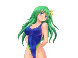 Rule 34 | 1girl, akagi rio, arms behind back, atami rieru, bare arms, bare legs, bare shoulders, blue eyes, blush, breasts, cleavage, covered erect nipples, covered navel, cowboy shot, eyebrows, game cg, green hair, groin, large breasts, legs, long hair, looking at viewer, simple background, smile, solo, standing, swimsuit, tanetsuke kyoushitsu, thighs, white background