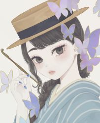 Rule 34 | 1girl, black ribbon, blue kimono, blue nails, boater hat, braid, brown eyes, brown hair, brown hat, bug, butterfly, commentary request, cropped, hair over shoulder, hat, hat ribbon, highres, holding, holding smoking pipe, insect, japanese clothes, kimono, kiseru, long hair, looking at viewer, nail polish, original, parted lips, purple butterfly, ribbon, simple background, smoking pipe, solo, striped clothes, striped kimono, upper body, ushiyama ame, vertical-striped clothes, vertical-striped kimono, white background