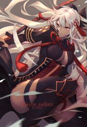 Rule 34 | 1girl, artist name, black bow, bow, breasts, character name, cleavage, cleavage cutout, clothing cutout, commentary, dark-skinned female, dark skin, fate/grand order, fate (series), grey background, hair between eyes, hair ornament, high collar, holding, holding sword, holding weapon, large breasts, leg armor, long hair, lucidsky, okita souji (fate), okita souji (koha-ace), okita souji alter (fate), reverse grip, simple background, solo, sword, tassel, thigh strap, thighhighs, weapon, white hair, yellow eyes