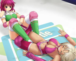 Rule 34 | 2girls, bare shoulders, blonde hair, blue eyes, boots, breasts, cleavage, crotch, digdug006, frills, gloves, janice claire, leotard, minagawa harumi, multiple girls, navel, open mouth, pain, pink hair, purple eyes, ribbon, ryona, short hair, submission hold, sweat, thigh boots, thighhighs, thighs, trembling, underwear, wrestle angels, wrestle angels survivor, wrestle angels survivor 2, wrestling, wrestling outfit