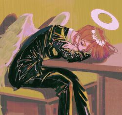 Rule 34 | 1boy, angel, angel devil (chainsaw man), arms on table, black jacket, black pants, chainsaw man, crossed arms, feathered wings, formal, hair flowing over, half-closed eyes, halo, highres, jacket, juuxzi, looking at viewer, orange hair, pants, sitting, solo, suit, white wings, wings, yellow theme