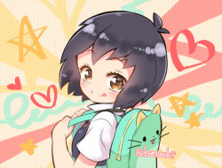 Rule 34 | 1girl, :q, animal bag, backpack, bag, blonde hair, brown eyes, cat bag, green bag, heart, looking at viewer, looking back, marvel, medium hair, multicolored background, peni parker, school uniform, shirt, short hair, skirt, solo, spider-man: into the spider-verse, spider-man (series), spider-verse, star (symbol), sweater vest, tongue, tongue out, tytmbsr, upper body, white shirt