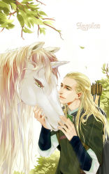 Rule 34 | 1boy, animification, blonde hair, blue eyes, brooch, cape, character name, elf, horse, jewelry, leftlevine, legolas, long hair, male focus, middle earth, nature, outdoors, plant, pointy ears, quiver, solo, the lord of the rings, tolkien&#039;s legendarium, tolkien's legendarium, white background