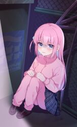 Rule 34 | 1girl, absurdres, blue eyes, blue skirt, blush, bocchi the rock!, cube hair ornament, full body, gotoh hitori, hair ornament, highres, jacket, monon tulle, one side up, open mouth, pink hair, pink jacket, pink track suit, pleated skirt, scared, sitting, skirt, solo
