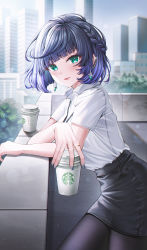 Rule 34 | 1girl, alternate costume, black pantyhose, black skirt, blouse, blue hair, blunt bangs, blurry, blurry background, braid, building, cityscape, coffee, cowboy shot, cup, drink, ear piercing, earrings, genshin impact, green eyes, highres, holding, holding cup, jewelry, leaning, light blush, looking at viewer, nail polish, office lady, pantyhose, parted lips, pencil skirt, piercing, rooftop, shirt, shirt tucked in, short hair, short sleeves, sidelocks, skirt, smile, solo, starbucks, white shirt, wol (wol 927), yelan (genshin impact)