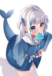 Rule 34 | 1girl, animal hood, blue eyes, blue hair, blue hood, blunt bangs, breasts, cet (hajisirazunoko), fins, fish tail, gawr gura, gawr gura (1st costume), grey hair, hair ornament, hands on own hips, holding, hololive, hololive english, hood, looking at viewer, medium hair, mouth hold, multicolored hair, shark girl, shark hair ornament, shark hood, shark tail, sidelocks, small breasts, smile, solo, streaked hair, tail, two side up, virtual youtuber