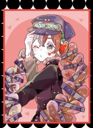 Rule 34 | 1girl, blush, braid, copyright request, framed, frills, green eyes, hanataro (sruvhqkehy1zied), hand on headwear, hat, heart, heart-shaped pupils, long sleeves, multicolored hair, one eye closed, red hair, solo, symbol-shaped pupils, twin braids, twintails, two-tone hair, upper body, white hair