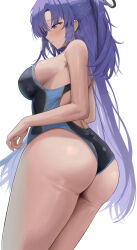 Rule 34 | 1girl, absurdres, ass, ass focus, averting eyes, blue archive, blush, breasts, closed mouth, competition swimsuit, dubeaduver, from side, halo, highres, large breasts, long hair, one-piece swimsuit, purple eyes, purple hair, sideboob, simple background, solo, sweat, swimsuit, very long hair, wedgie, white background, yuuka (blue archive)