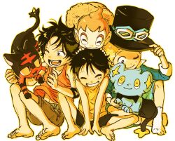 Rule 34 | 3boys, ^ ^, aged down, b kungya, barefoot, black eyes, black hair, black headwear, black shorts, blonde hair, blue shirt, brown shorts, chimchar, closed eyes, closed mouth, commentary request, creatures (company), crossover, facial scar, feet, game freak, gen 4 pokemon, gen 7 pokemon, grin, hand up, hat, holding, holding clothes, holding hat, korean commentary, litten, long sleeves, looking at another, male focus, monkey d. luffy, multiple boys, nintendo, on head, one eye closed, one piece, open mouth, orange shirt, parted bangs, pokemon, pokemon (creature), pokemon on head, portgas d. ace, sabo (one piece), scar, scar on cheek, scar on face, shinx, shirt, short hair, shorts, simple background, sitting, sleeveless, sleeveless shirt, smile, socks, straw hat, tank top, teeth, toes, tongue, top hat, white background, white socks, yellow shirt