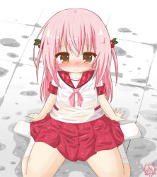Rule 34 | 1girl, arm support, blonde dog girl (ri-net), blush, bow, brown eyes, closed mouth, commentary request, hair between eyes, hair bobbles, hair ornament, kneehighs, long hair, looking at viewer, no shoes, nose blush, original, pink bow, pink hair, pink loli (rinechun), plaid, plaid sailor collar, pleated skirt, red sailor collar, red skirt, ri-net, sailor collar, school uniform, see-through, serafuku, shirt, short sleeves, sitting, skirt, socks, solo, two side up, very long hair, wariza, wavy mouth, wet, wet clothes, wet shirt, wet skirt, white shirt, white socks