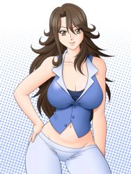 Rule 34 | 00s, 1girl, bare arms, bare shoulders, breasts, brown eyes, brown hair, cleavage, collarbone, facing viewer, groin, gundam, gundam 00, halftone, halftone background, hand on own hip, haru (hall), hip focus, large breasts, long hair, looking at viewer, midriff, navel, pants, shirt, simple background, solo, standing, sumeragi lee noriega, taut clothes, taut shirt, tight clothes, tight pants, unbuttoned, wavy hair