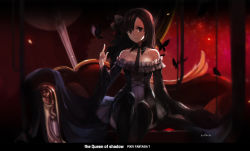 Rule 34 | 1girl, bad id, bad pixiv id, bare shoulders, black dress, black thighhighs, bow, brown eyes, brown hair, bug, butterfly, couch, dress, hair bow, highres, insect, jewelry, long sleeves, necklace, necktie, original, pixiv fantasia, pixiv fantasia t, signature, solo, swd3e2, thighhighs, wide sleeves, zettai ryouiki