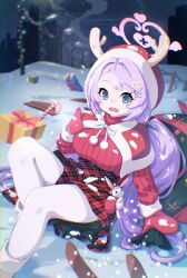 Rule 34 | 1girl, absurdres, antlers, blue archive, blue eyes, blurry, blurry background, blush, box, breasts, building, candy, candy cane, capelet, christmas, christmas lights, city, commentary request, eyelashes, fake antlers, fang, food, foot out of frame, fur-trimmed capelet, fur-trimmed hood, fur trim, gift, gift box, hair intakes, hair ornament, hairclip, halo, hanae (blue archive), hanae (christmas) (blue archive), hand up, heart, heart hair ornament, high-waist skirt, highres, holly hair ornament, hood, hood up, hooded capelet, horns, long hair, long sleeves, looking at viewer, medium breasts, mittens, night, official alternate costume, open mouth, outdoors, pantyhose, parted bangs, plaid, plaid skirt, purple hair, red capelet, red mittens, red skirt, red sweater, reindeer antlers, sack, santa costume, sidelocks, sitting, skin fang, skirt, snowing, solo, surprised, sweater, swept bangs, tori tori, turtleneck, turtleneck sweater, twintails, utility pole, very long hair, white pantyhose, winter