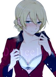 Rule 34 | 1girl, blonde hair, blue eyes, blush, bow, bow bra, bra, braid, breasts, character name, closed mouth, commentary, darjeeling (girls und panzer), embarrassed, epaulettes, frown, girls und panzer, half-closed eyes, jacket, lace, lace-trimmed bra, lace trim, light particles, long sleeves, looking at viewer, medium breasts, military, military uniform, open clothes, open jacket, opened by self, red jacket, short hair, simple background, solo, st. gloriana&#039;s military uniform, tears, twin braids, underwear, undressing, uniform, upper body, white background, white bra, yuuhi (arcadia)