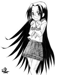 Rule 34 | 00s, 1girl, closed mouth, frown, glasses, greyscale, long hair, long sleeves, looking at viewer, lucky star, monochrome, own hands together, pleated skirt, rimless eyewear, round eyewear, scared, simple background, skirt, solo, tamura hiyori, very long hair, white background
