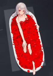 Rule 34 | 1girl, absurdres, barefoot, bathtub, black background, closed mouth, collarbone, flower, from above, full body, grey hair, hand on own knee, highres, ichika (ichika87), looking up, lying, on back, open mouth, original, partially submerged, red eyes, red flower, red rose, rose, simple background, solo