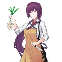 Rule 34 | 1girl, blouse, bullpup, cooking, drawing, girls&#039; frontline, gun, highres, knife, long hair, looking at viewer, purple hair, red eyes, rifle, shirt, simple background, sleeves rolled up, smile, sniper rifle, solo, tagme, talnory, very long hair, wa2000 (girls&#039; frontline), walther, walther wa 2000, weapon, white background, white shirt