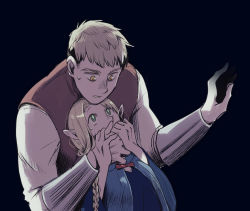 Rule 34 | 1boy, 1girl, black background, blonde hair, blue capelet, braid, capelet, covered mouth, covering another&#039;s mouth, dark, dungeon meshi, elf, green eyes, grey hair, hair around ear, hand over another&#039;s mouth, hand up, hands up, height difference, highres, kuntama11, laios touden, long hair, long sleeves, looking at another, looking away, looking down, looking up, marcille donato, pointy ears, short hair, simple background, sweat, undercut, upper body, vambraces, vest, yellow eyes
