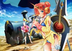 Rule 34 | 1boy, 1girl, armlet, bandages, beach umbrella, bikini, blue bikini, blue eyes, blue sky, bow, charles babbage (fate), cloud, day, desert, double bun, drinking, drinking straw, fate/grand order, fate (series), frankenstein&#039;s monster (fate), frankenstein&#039;s monster (swimsuit saber) (fate), frankenstein&#039;s monster (swimsuit saber) (first ascension) (fate), glasses, hair bun, hair ornament, hair over one eye, hands on own hips, horns, james moriarty (archer) (fate), jewelry, looking at viewer, navel, necklace, old, old man, pink hair, sand, sandals, short hair, shorts, side-tie bikini bottom, single horn, sky, sweat, swimsuit, sword, train, umbrella, weapon, yorozu
