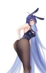 Rule 34 | 1girl, 24kchunshuai, absurdres, animal ears, ass, azur lane, black pantyhose, blue eyes, blue hair, blue leotard, blush, breasts, chinese commentary, closed mouth, cowboy shot, fake animal ears, from behind, highres, large breasts, leaning forward, leotard, long hair, looking at viewer, looking back, nail polish, new jersey (azur lane), new jersey (exhilarating steps!) (azur lane), official alternate costume, pantyhose, playboy bunny, rabbit ears, simple background, sleeveless, smile, solo, straight hair, very long hair, white background