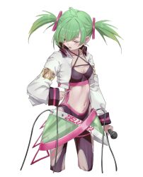 Rule 34 | breasts, cleavage, cropped legs, delutaya, delutaya (1st costume), green hair, highres, indie virtual youtuber, jacket, long hair, long sleeves, medium breasts, navel, official alternate costume, open clothes, open jacket, open mouth, pink eyes, short twintails, simple background, skirt, standing, twintails, white background, white jacket, yo na