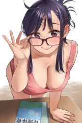 Rule 34 | 1girl, bent over, blush, breasts, cleavage, denim, denim shorts, downblouse, glasses, highres, igarashi kyouhei, large breasts, looking at viewer, original, shorts, smile, twintails