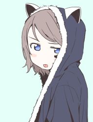 Rule 34 | &gt;:p, 10s, 1girl, :p, animal hood, aqua background, bad id, bad pixiv id, blue background, blue eyes, blush stickers, brown hair, cat hood, facial mark, from side, gamjolno, grey hair, highres, hood, hoodie, looking at viewer, love live!, love live! sunshine!!, short hair, simple background, solo, tongue, tongue out, upper body, v-shaped eyebrows, watanabe you