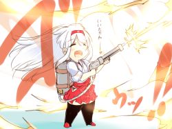 Rule 34 | 10s, 1girl, boots, chibi, dandara (karakure), closed eyes, flamethrower, hairband, headband, japanese clothes, kantai collection, long hair, miko, muneate, open mouth, shoukaku (kancolle), smile, solo, thigh boots, thighhighs, translated, weapon, white hair