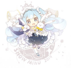 Rule 34 | &gt; &lt;, 1girl, 2019, :d, animal, beamed eighth notes, blue eyes, blue footwear, blue hair, blue skirt, blush stickers, character name, commentary request, hatsune miku, heart, holding, holding animal, linfi-muu, looking at viewer, musical note, musical note print, open mouth, quarter note, rabbit, shirt, shoes, skirt, smile, snowflakes, standing, standing on one leg, star (symbol), thighhighs, tiara, twintails, vocaloid, white background, white shirt, white thighhighs, yuki miku, yukine (vocaloid)