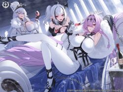 Rule 34 | 3girls, arm up, armpits, azur lane, black gloves, black hair, bottle, breasts, copyright name, couch, cup, drinking glass, gangut (azur lane), gloves, hair between eyes, hair ornament, hat, high heels, jeze, large breasts, long hair, looking at viewer, multicolored hair, multiple girls, official art, on couch, pink eyes, pointy ears, poltava (azur lane), purple hair, red eyes, second-party source, sevastopol (azur lane), shirt, sitting, smile, solo, streaked hair, thigh strap, thighs, very long hair, white hair, wine bottle, wine glass