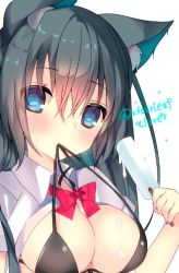 Rule 34 | 1girl, animal ears, bad id, bad twitter id, black bra, black hair, blue eyes, blush, bow, bowtie, bra, breasts, breasts out, cat ears, collared shirt, eyebrows, food, hair between eyes, holding, large breasts, long hair, looking at viewer, mouth hold, open clothes, open shirt, original, popsicle, red bow, red bowtie, satsuki mayuri, shirt, simple background, solo, sweat, twitter username, underwear, upper body, white background, white shirt