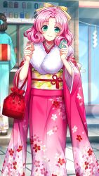 Rule 34 | 2girls, bow, closed mouth, day, doukyuusei another world, floral print, game cg, gradient kimono, green eyes, hair bow, hair intakes, holding, japanese clothes, kakyuusei, kimono, long hair, long sleeves, looking at viewer, minagawa nana, multiple girls, obi, official art, outdoors, pink hair, pink kimono, print kimono, sash, smile, solo focus, standing, white kimono, wide sleeves, yellow bow