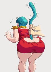 Rule 34 | 1girl, absurdres, ass, blue fur, blue hair, boots, bulma, butt crack, disembodied hands, dragon ball, dress, highres, red dress, scarf, squatting, squeezing, tail, torn clothes, vanbrand