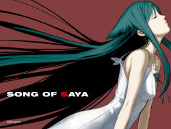 Rule 34 | arched back, black hair, closed eyes, copyright name, dress, english text, from side, long hair, mnyk, official art, official wallpaper, red background, saya (saya no uta), saya no uta, simple background, solo, tagme, very long hair, wallpaper