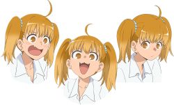 Rule 34 | 1girl, :3, blonde hair, character sheet, earrings, fang, ijiranaide nagatoro-san, jewelry, long hair, looking at viewer, multiple views, naughty face, official art, school uniform, simple background, skin fang, smile, twintails, upper body, yellow eyes, yoshi (nagatoro)