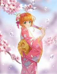 Rule 34 | 1girl, absurdres, antenna hair, blurry, blurry foreground, cardcaptor sakura, closed mouth, floral print, flower, from side, green eyes, hair flower, hair intakes, hair ornament, hairpin, hand fan, highres, holding, holding fan, japanese clothes, kimono, kinomoto sakura, looking at viewer, maoshinian1, obi, orange hair, pink flower, pink kimono, print kimono, sash, short hair with long locks, smile, solo, standing, white flower