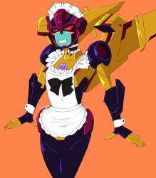 1girl absurdres apron blush decepticon dragstrip helmet highres humanoid_robot insignia maid_apron maid_headdress metal_skin orange_background red_eyes rinconlio robot robot_girl solo stunticon thighs transformers transformers_animated