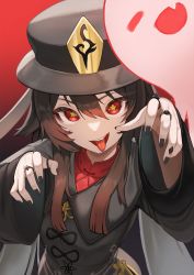 Rule 34 | 1girl, :p, black headwear, black nails, brown hair, chinese clothes, claw pose, closed eyes, fang, flasso, genshin impact, ghost, highres, hu tao (genshin impact), long hair, long sleeves, looking at viewer, nail polish, open mouth, red background, red eyes, saliva, simple background, smile, solo, teeth, tongue, tongue out, twintails, upper body, upper teeth only, wide sleeves