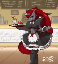 Rule 34 | 1girl, :3, animal ears, apron, artist name, black skirt, black thighhighs, blue eyes, bow, cafe, clipboard, creatures (company), cup, curtsey, dated, dessert, drinking glass, female focus, food, frilled skirt, frilled wristband, frills, furry, furry female, game freak, gen 5 pokemon, glass, hands up, highres, holding, ice cream, indoors, licking lips, long hair, looking at viewer, maid, maid apron, maid headdress, multicolored hair, navel, nintendo, pokemon, pokemon (creature), pokemon bw, red hair, signature, skirt, smile, solo, spoon, standing, text focus, thighhighs, tongue, tongue out, topless, two-tone hair, very long hair, waitress, white bow, wolf ears, zinfyu, zoroark