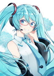 Rule 34 | 1girl, :d, agonasubi, aqua hair, bare shoulders, blue eyes, blue necktie, blush, detached sleeves, floral background, glasses, hand on own cheek, hand on own face, hatsune miku, headset, long hair, long sleeves, looking at viewer, necktie, open mouth, parted lips, red-framed eyewear, semi-rimless eyewear, shirt, smile, solo, twintails, under-rim eyewear, upper body, very long hair, vocaloid, white shirt