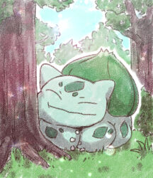 Rule 34 | animal focus, bulbasaur, bush, claws, closed eyes, closed mouth, creatures (company), faux traditional media, forest, game freak, gen 1 pokemon, highres, kotobukkii (yt lvlv), light particles, nature, nintendo, no humans, on grass, outline, pokemon, pokemon (creature), sleeping, solo, tree, under tree, white outline