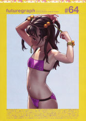 Rule 34 | 1girl, adjusting hair, armpits, arms up, bikini, brown hair, cowboy shot, flat chest, futuregraph, highres, mouth hold, murata range, navel, pink bikini, realistic, skindentation, solo, standing, stomach, swimsuit, text focus