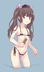 Rule 34 | 1girl, bare arms, bare shoulders, bikini, blue background, breasts, brown hair, cellphone, collarbone, commentary request, cowboy shot, cropped legs, groin, hair ribbon, hat, highres, himekaidou hatate, holding, holding phone, long hair, looking at viewer, micro bikini, naegi (naegidokoro), navel, phone, pointy ears, purple bikini, purple eyes, purple ribbon, ribbon, side-tie bikini bottom, sidelocks, simple background, small breasts, smile, solo, standing, stomach, swimsuit, thighs, tokin hat, touhou, twintails
