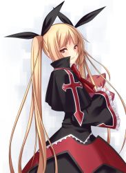 Rule 34 | 1girl, blazblue, blonde hair, blush, capelet, colored eyelashes, dress, frills, gii, hair ribbon, highres, long hair, looking back, parted lips, rachel alucard, red eyes, ribbon, takanashi-a, twintails, wide sleeves