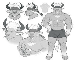 Rule 34 | 1boy, abs, animal ears, bara, boxers, bulge, camouflage, character sheet, chest hair, collage, cow boy, cow ears, cow horns, cow tail, cropped torso, face, furry, furry male, goshiki, greyscale, hand on own hip, headband, highres, horns, large pectorals, male focus, male underwear, mint, monochrome, multiple views, muscular, navel, nipples, no headwear, pectorals, shennong (housamo), short hair, sideburns, slime (substance), smile, tail, thick thighs, thighs, tokyo houkago summoners, tongue, tongue out, underwear, underwear only