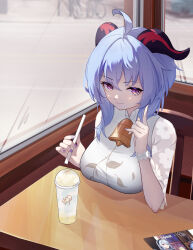 Rule 34 | 1girl, absurdres, ahoge, blue hair, breasts, candy shunya, commentary, cup, disposable cup, dress, drinking straw, ganyu (genshin impact), ganyu (heytea) (genshin impact), genshin impact, hand up, highres, holding, holding drinking straw, horns, index finger raised, indoors, large breasts, long hair, looking at viewer, nail polish, official alternate costume, purple eyes, purple nails, shenhe (genshin impact), smile, solo, upper body, watch, white dress, wristwatch