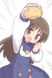 Rule 34 | 1girl, :d, arm up, blue dress, blush, brown eyes, brown hair, commentary request, dress, emphasis lines, food, highres, holding, holding food, long hair, long sleeves, looking at viewer, naga u, open mouth, original, potato, puffy long sleeves, puffy sleeves, shirt, simple background, smile, solo, very long hair, white background, white shirt